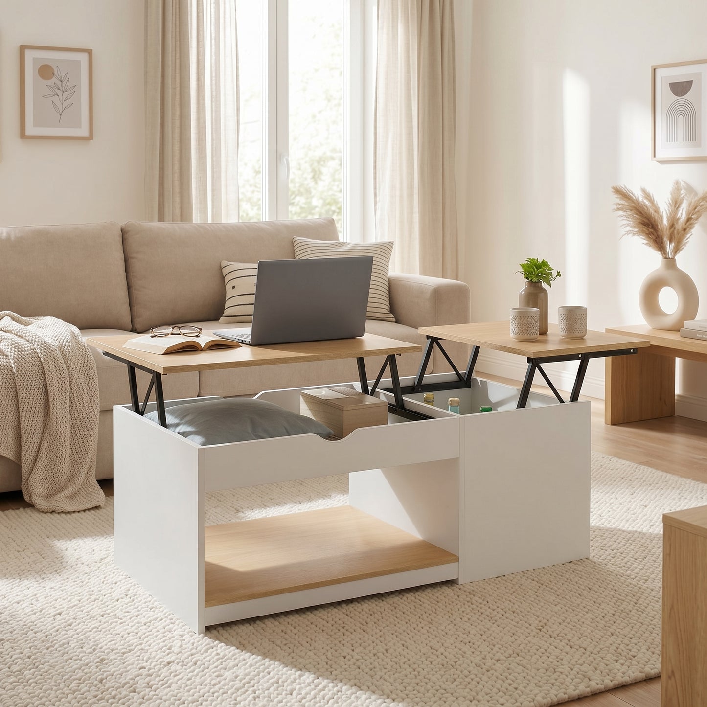Table basse relevable double plateau avec rangement – blanc et bois – table de salon