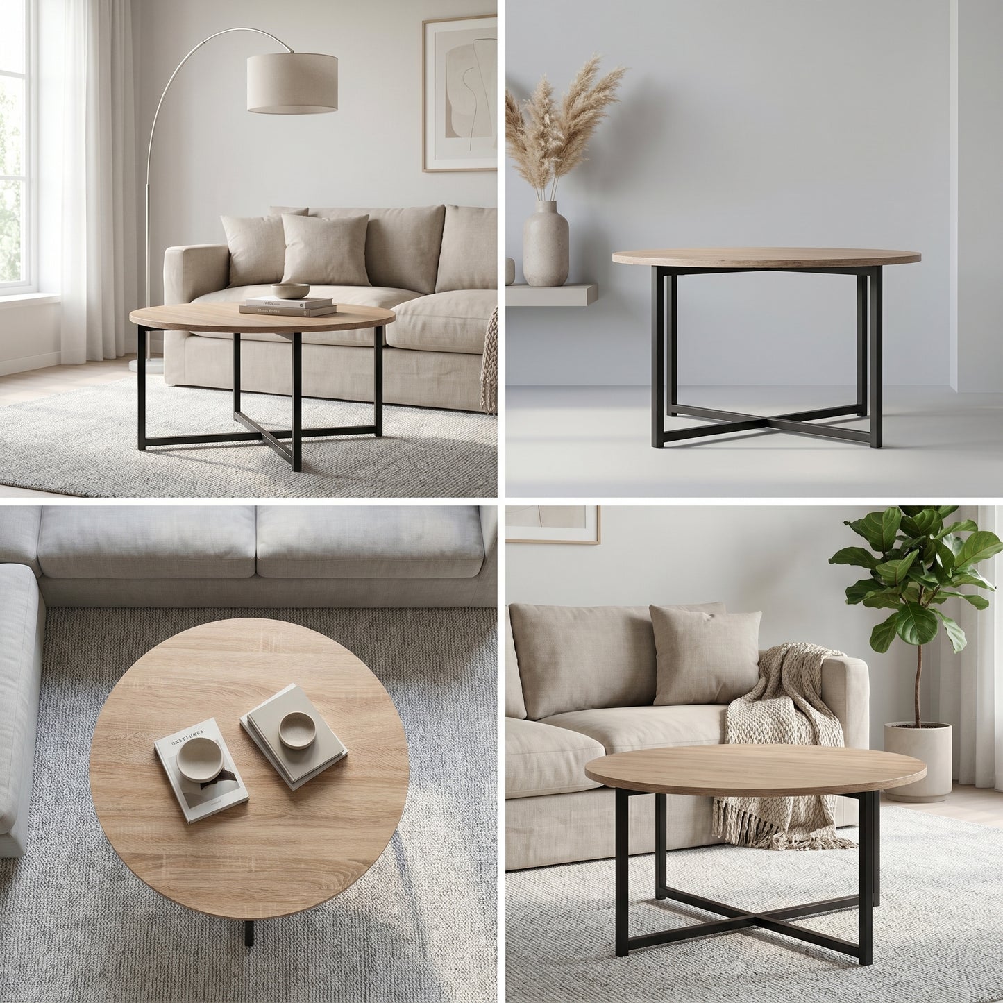 Table basse ronde industrielle 70 cm bois et métal noir – design moderne salon