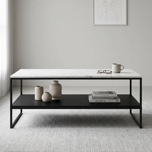 Table basse double plateau effet marbre blanc et noir 113 cm métal design moderne