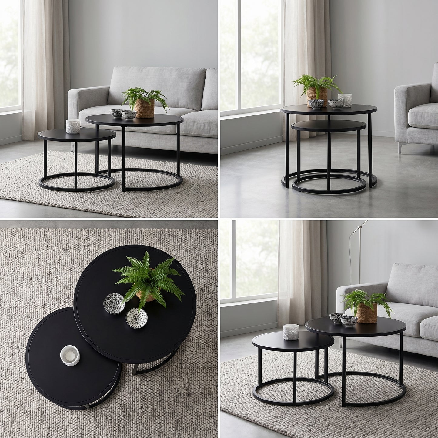 Lot de 2 Tables Basses Gigognes Rondes Métal Noir – Design Industriel Moderne – 54/70 cm