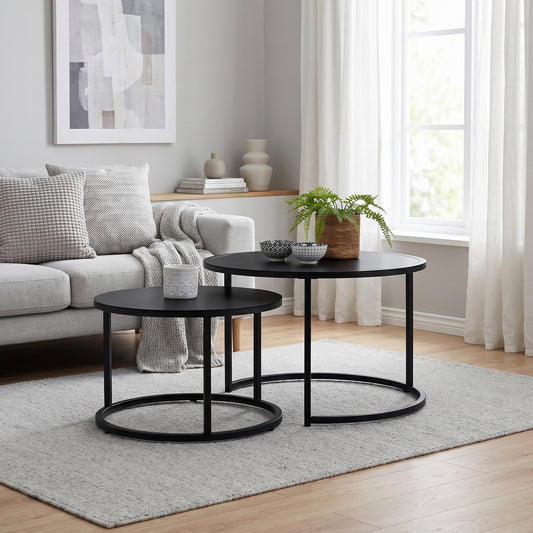 Lot de 2 Tables Basses Gigognes Rondes Métal Noir – Design Industriel Moderne – 54/70 cm