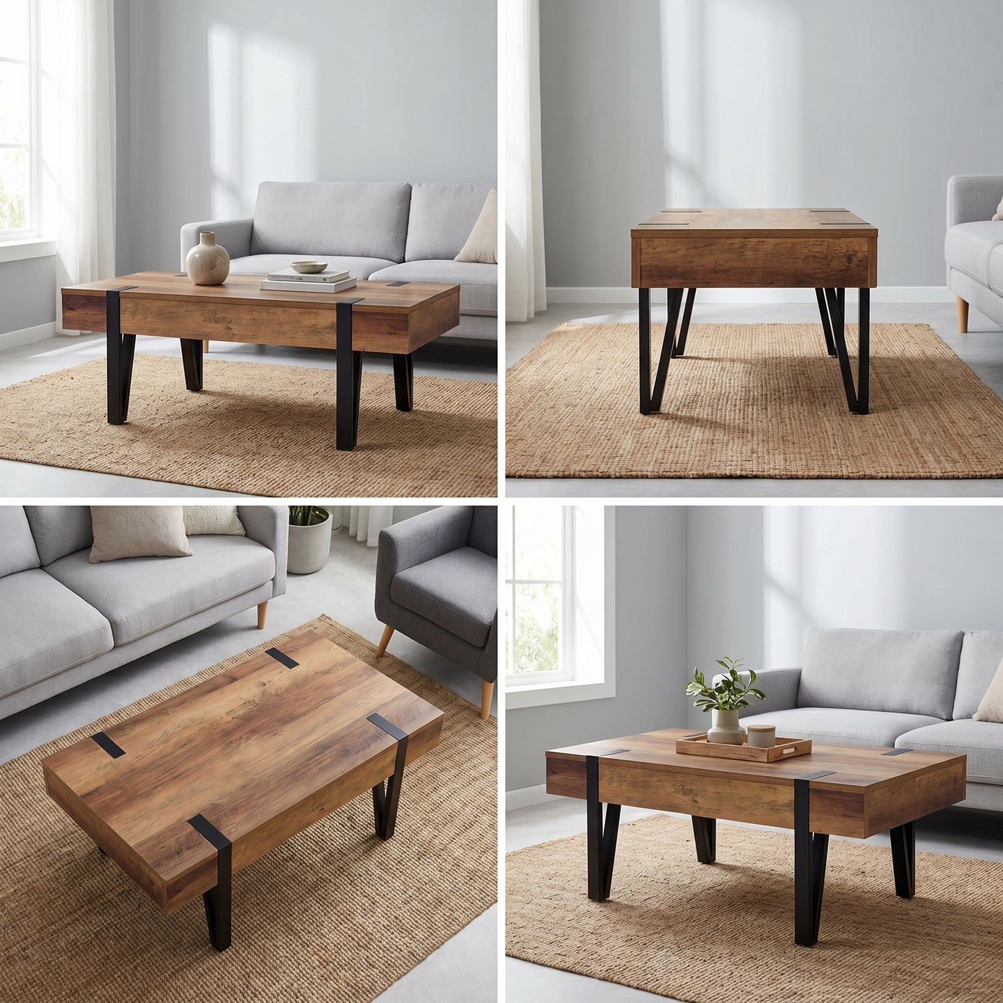 Table basse industrielle bois avec tiroir 100 cm – pieds épingle métal noir rangement