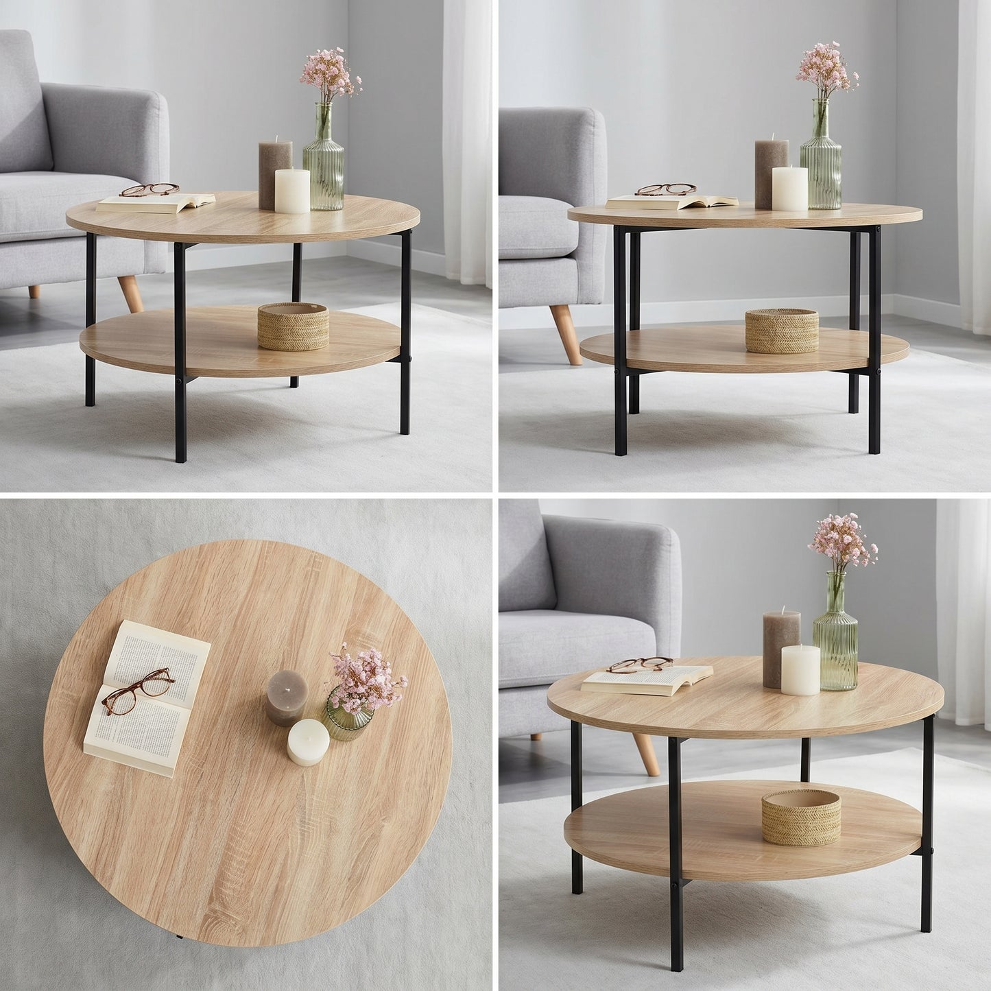Table Basse Ronde Double Plateau 70 cm Bois et Métal Noir – Style Industriel