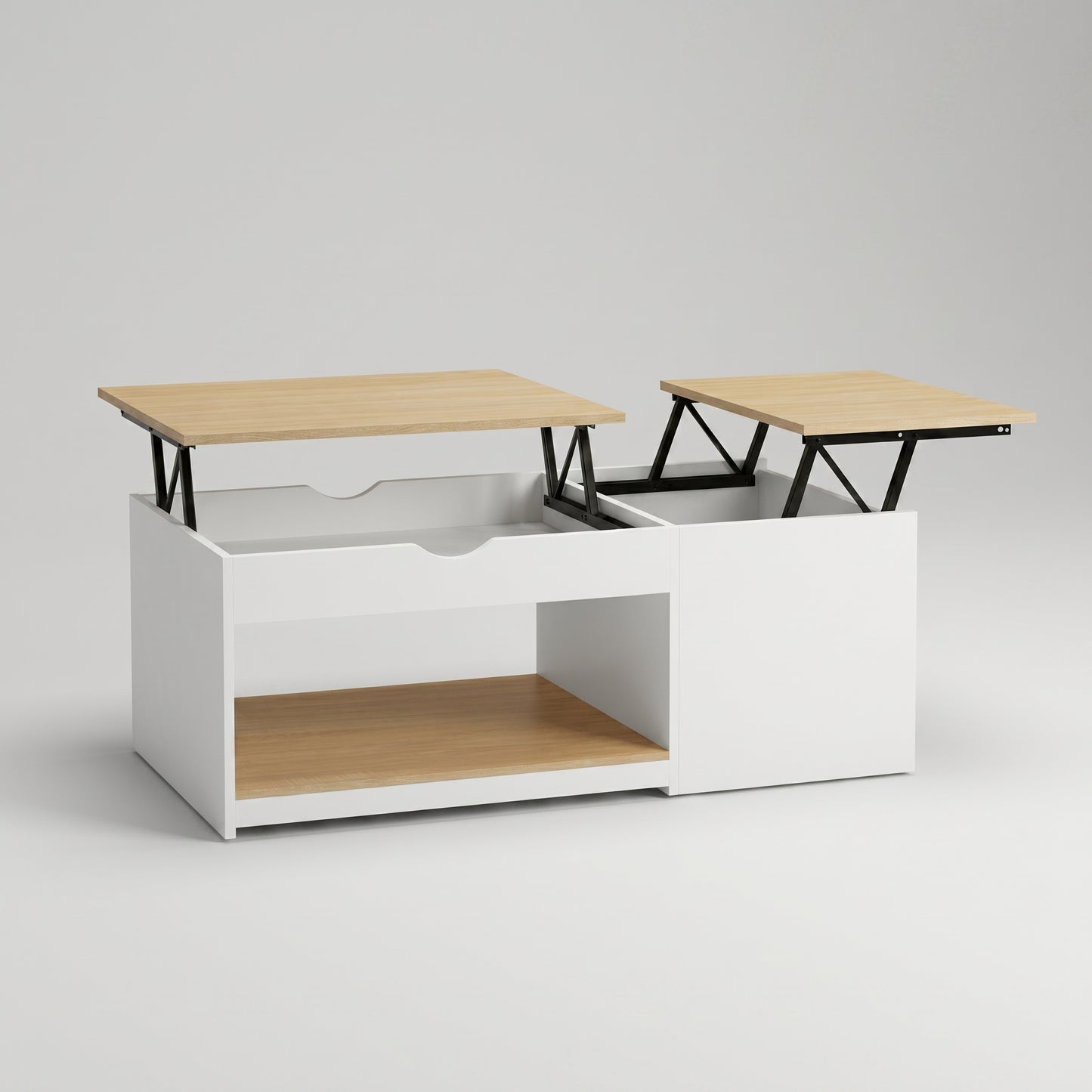 Table basse relevable double plateau avec rangement – blanc et bois – table de salon
