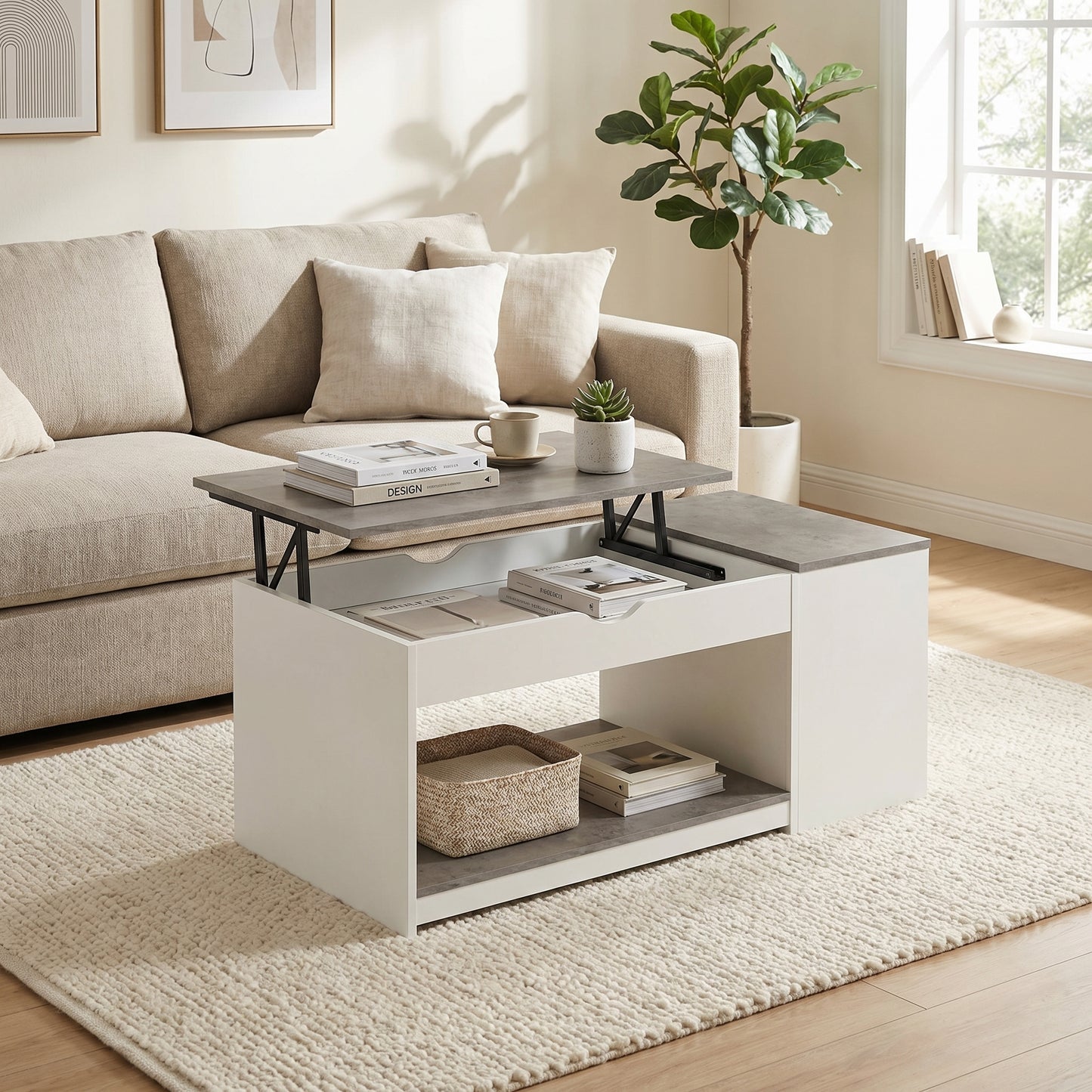 Table basse relevable avec rangement 110 cm bois blanc et effet béton – coffre intégré