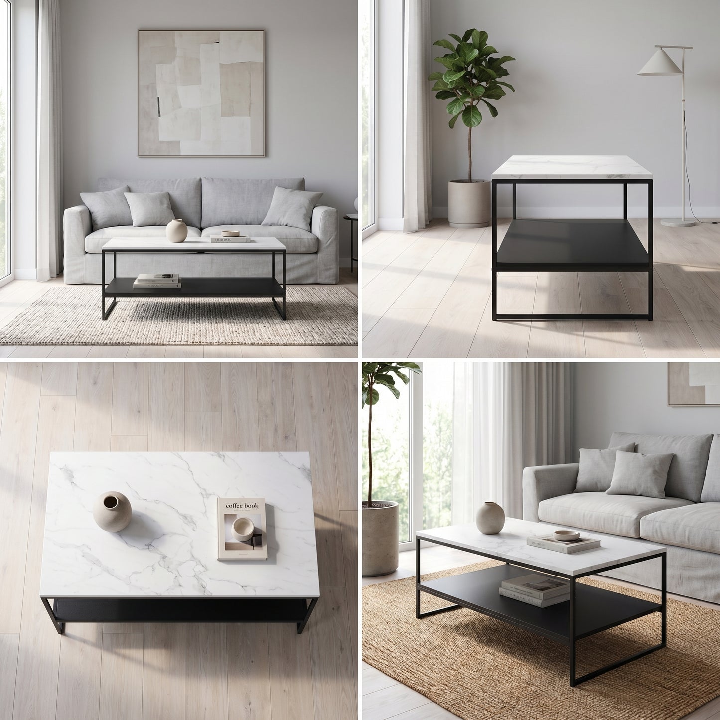Table basse double plateau effet marbre blanc et noir 113 cm métal design moderne
