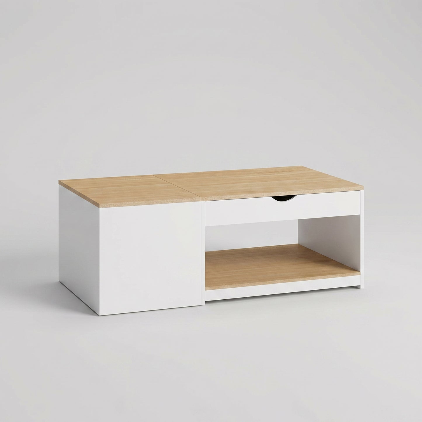 Table basse relevable double plateau avec rangement – blanc et bois – table de salon