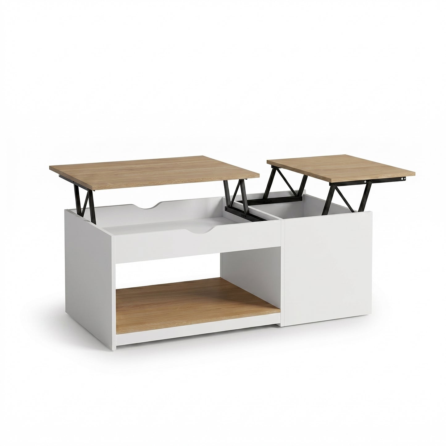 Table basse relevable double plateau avec rangement – blanc et bois – table de salon
