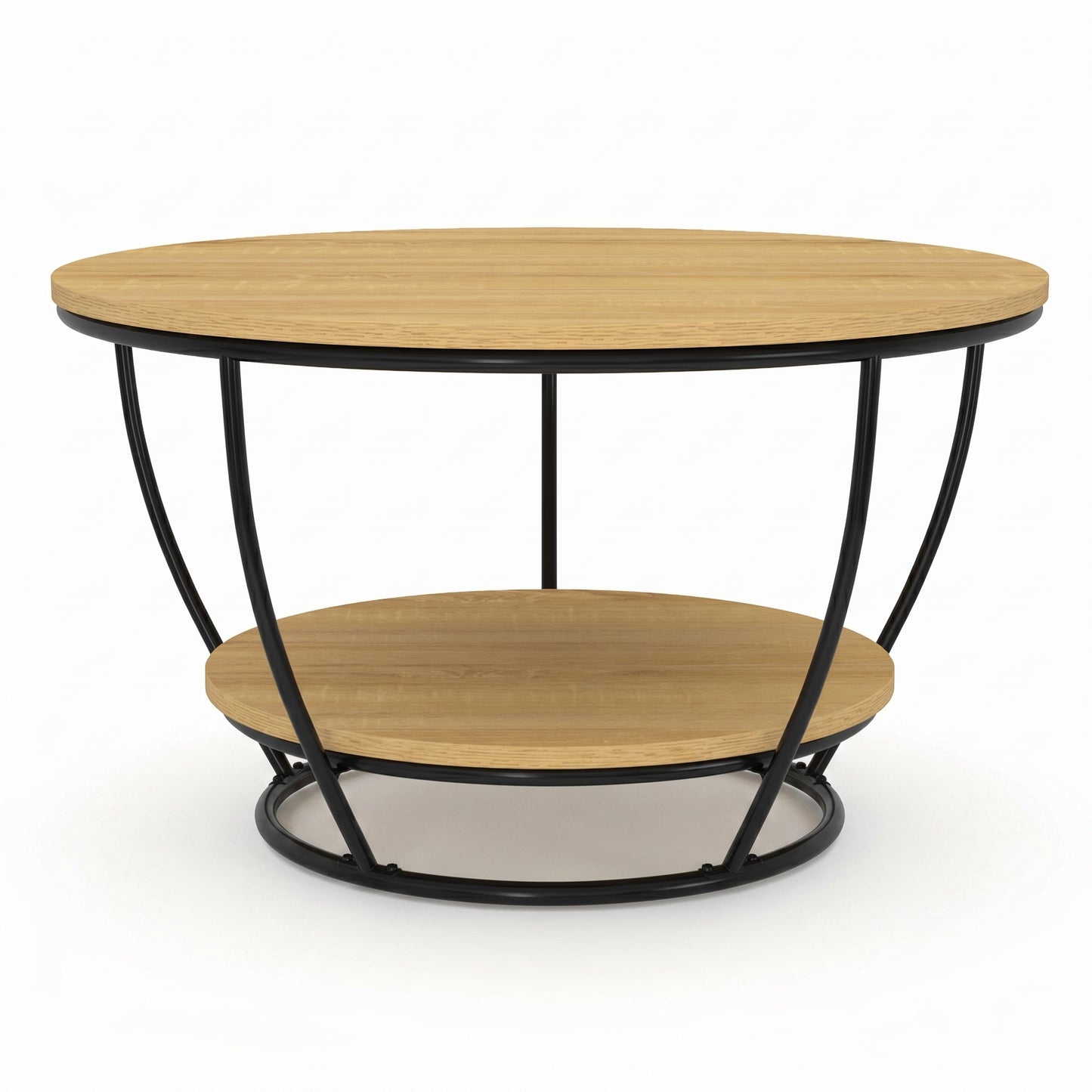 Table basse ronde double plateau bois et métal noir – style industriel – 70 cm