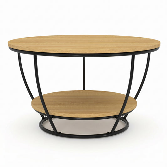 Table basse ronde double plateau bois et métal noir – style industriel – 70 cm