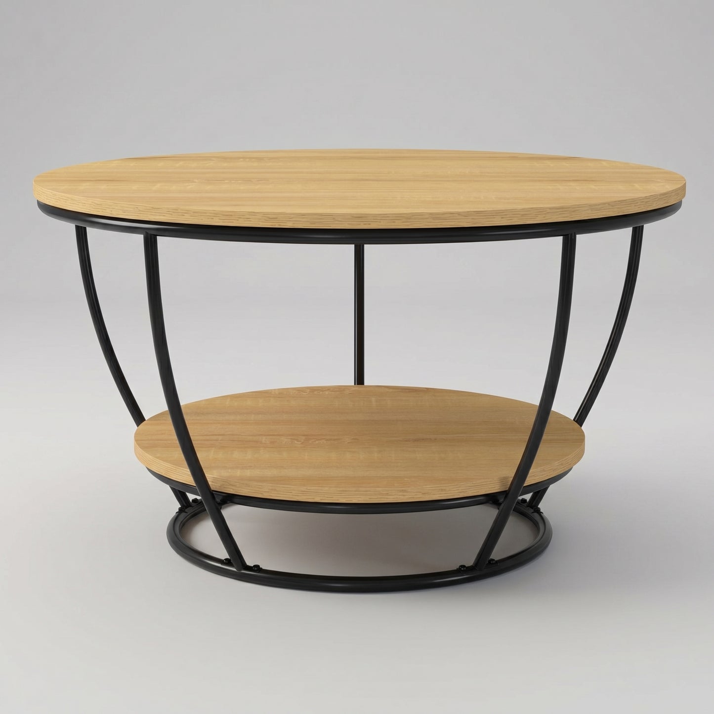 Table basse ronde double plateau bois et métal noir – style industriel – 70 cm