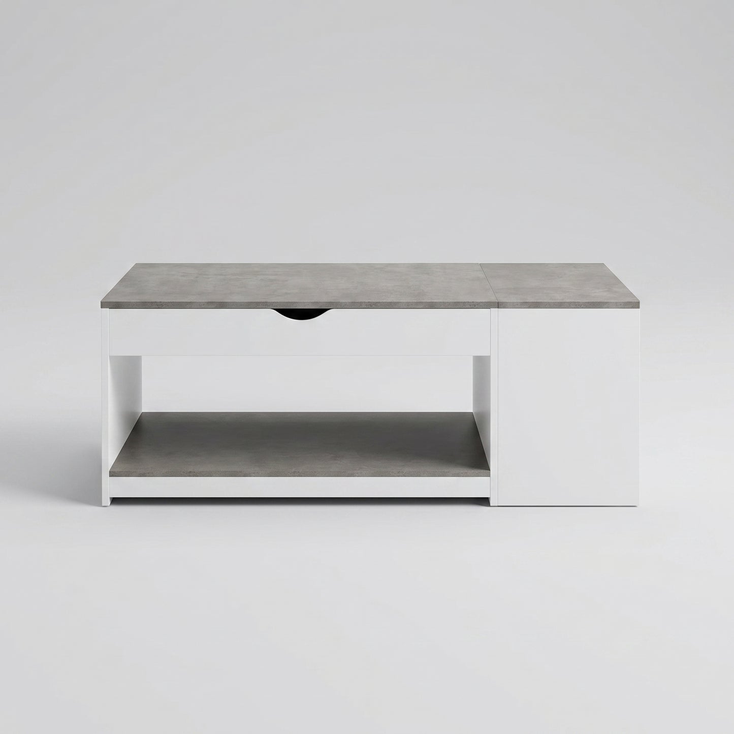 Table basse relevable avec rangement 110 cm bois blanc et effet béton – coffre intégré