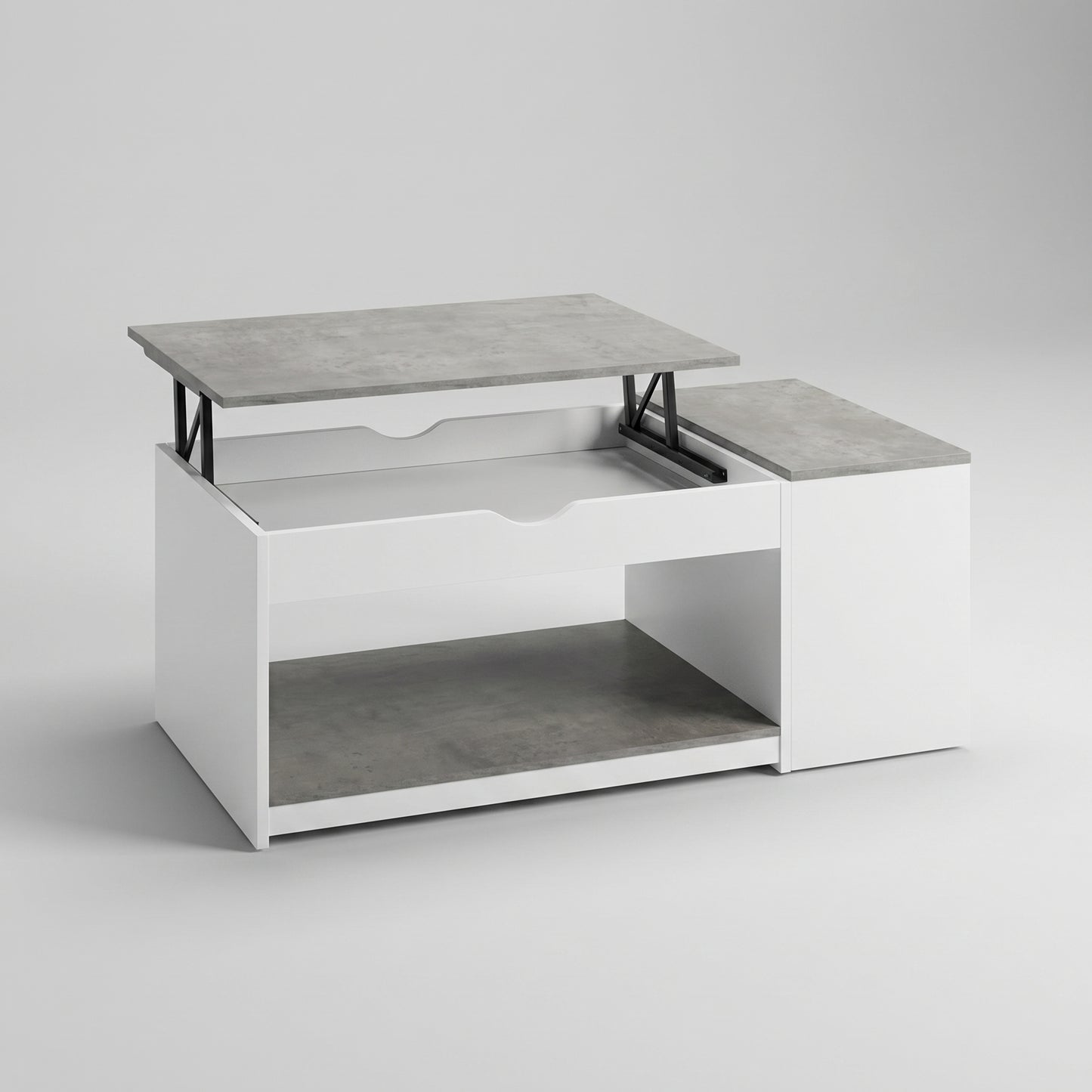 Table basse relevable avec rangement 110 cm bois blanc et effet béton – coffre intégré
