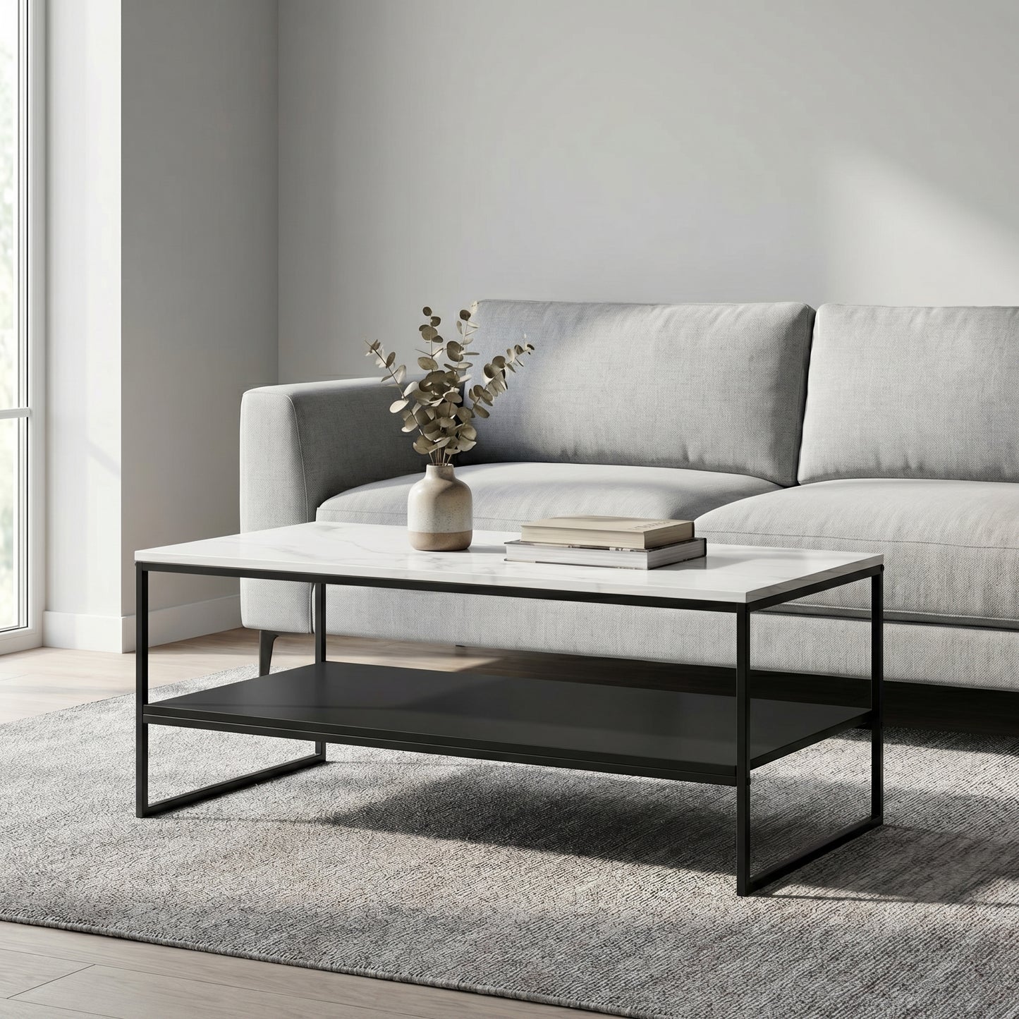 Table basse double plateau effet marbre blanc et noir 113 cm métal design moderne