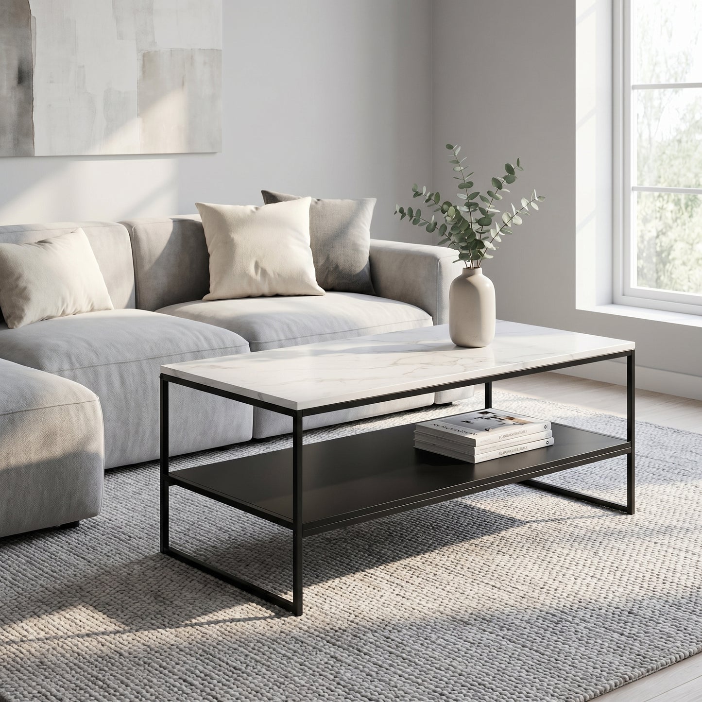 Table basse double plateau effet marbre blanc et noir 113 cm métal design moderne
