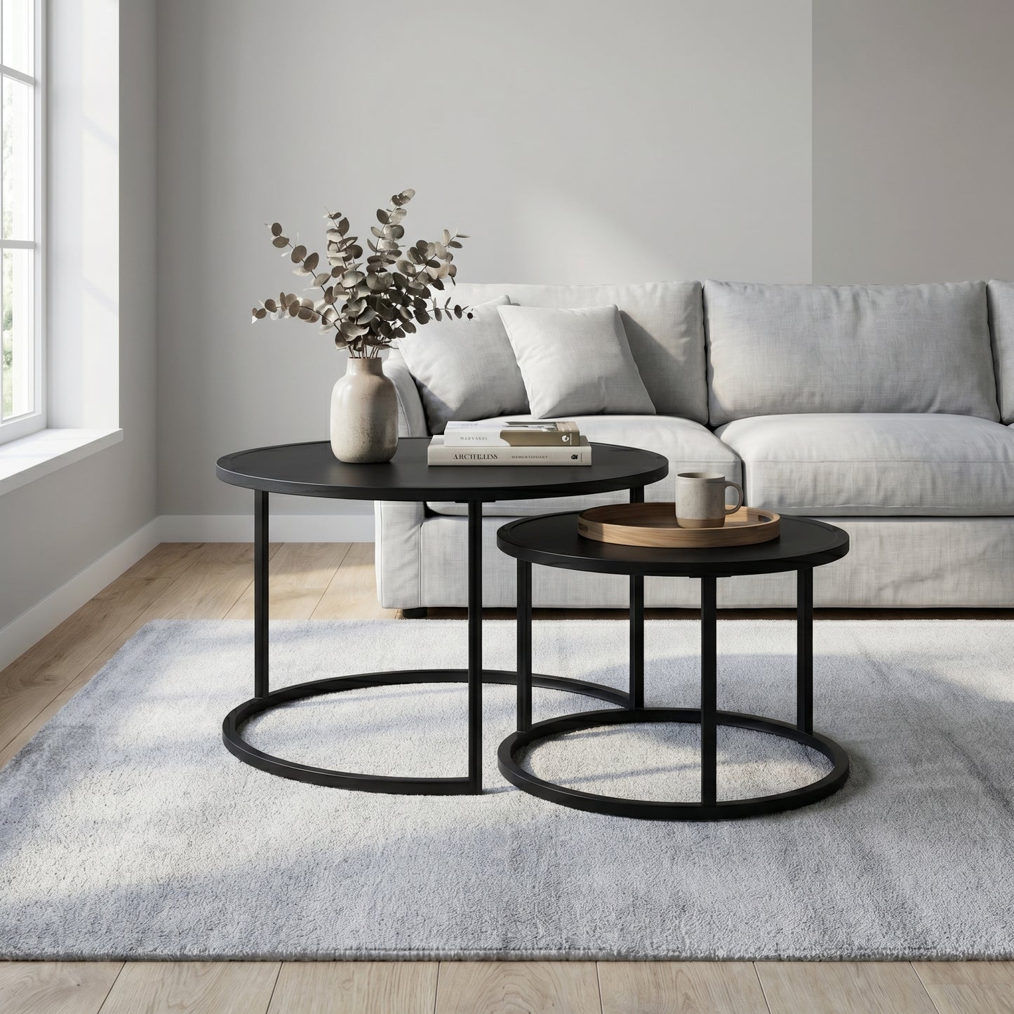 Lot de 2 Tables Basses Gigognes Rondes Métal Noir – Design Industriel Moderne – 54/70 cm