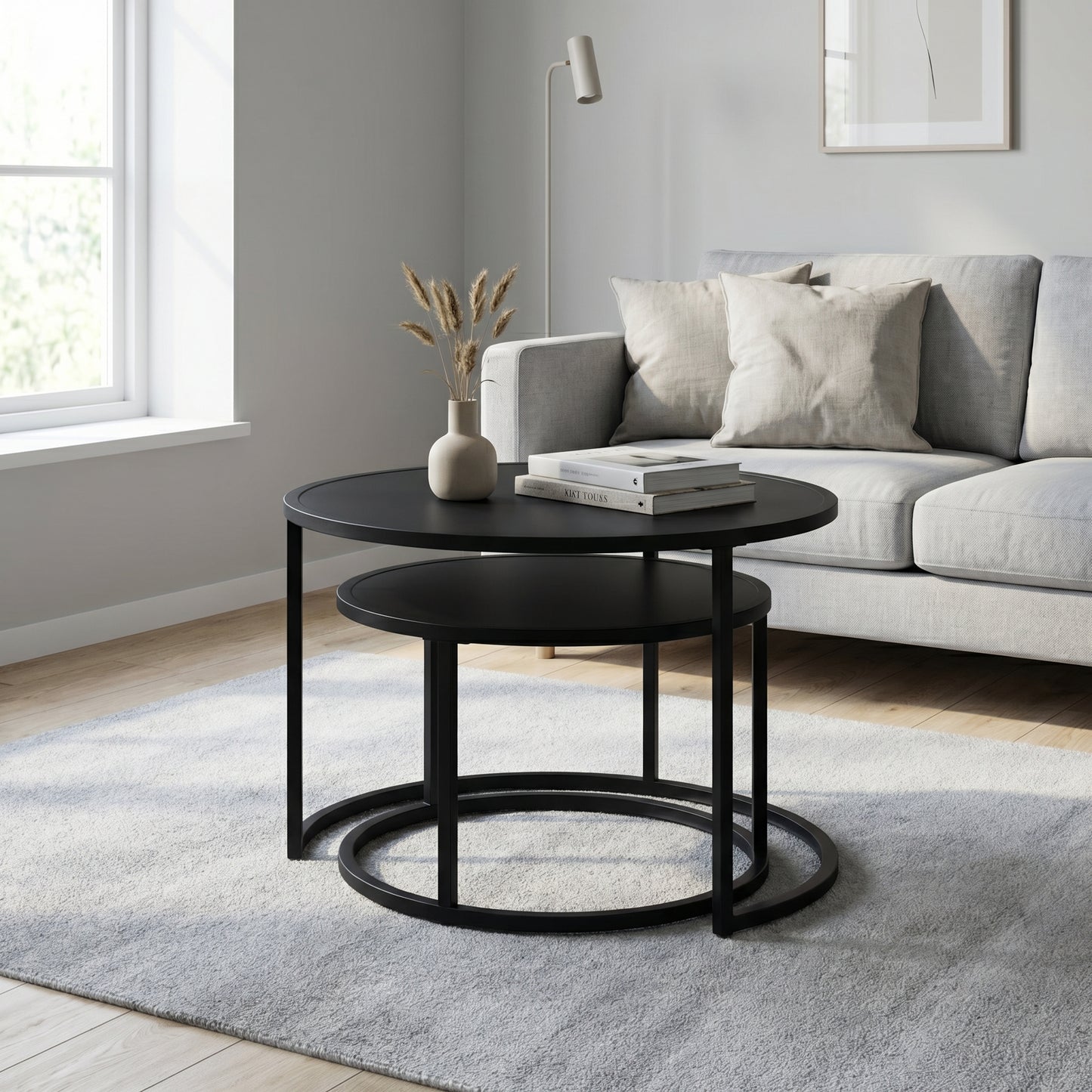 Lot de 2 Tables Basses Gigognes Rondes Métal Noir – Design Industriel Moderne – 54/70 cm