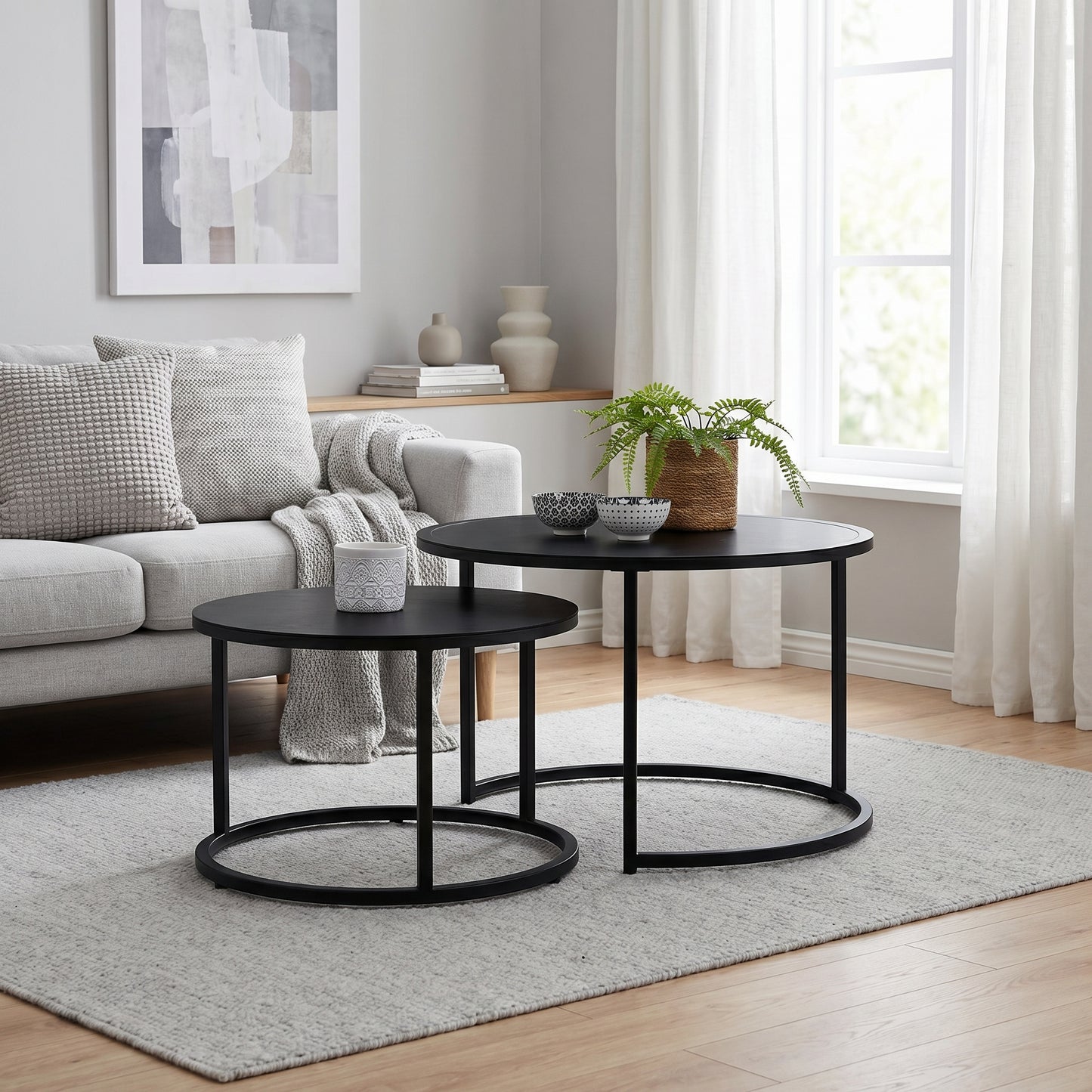 Lot de 2 Tables Basses Gigognes Rondes Métal Noir – Design Industriel Moderne – 54/70 cm