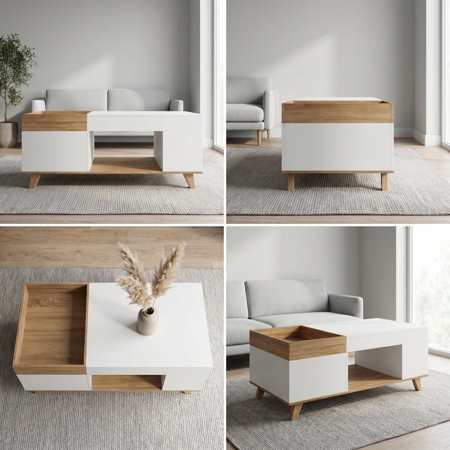 Table Basse Relevable Bois et Blanc avec Coffre – Plateau Amovible – 110 cm