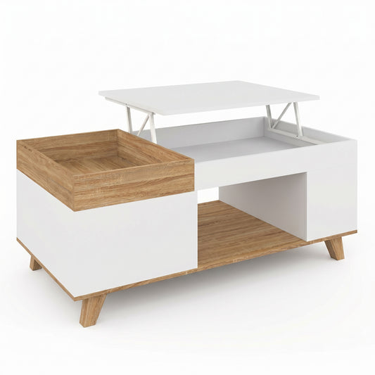 Table Basse Relevable Bois et Blanc avec Coffre – Plateau Amovible – 110 cm