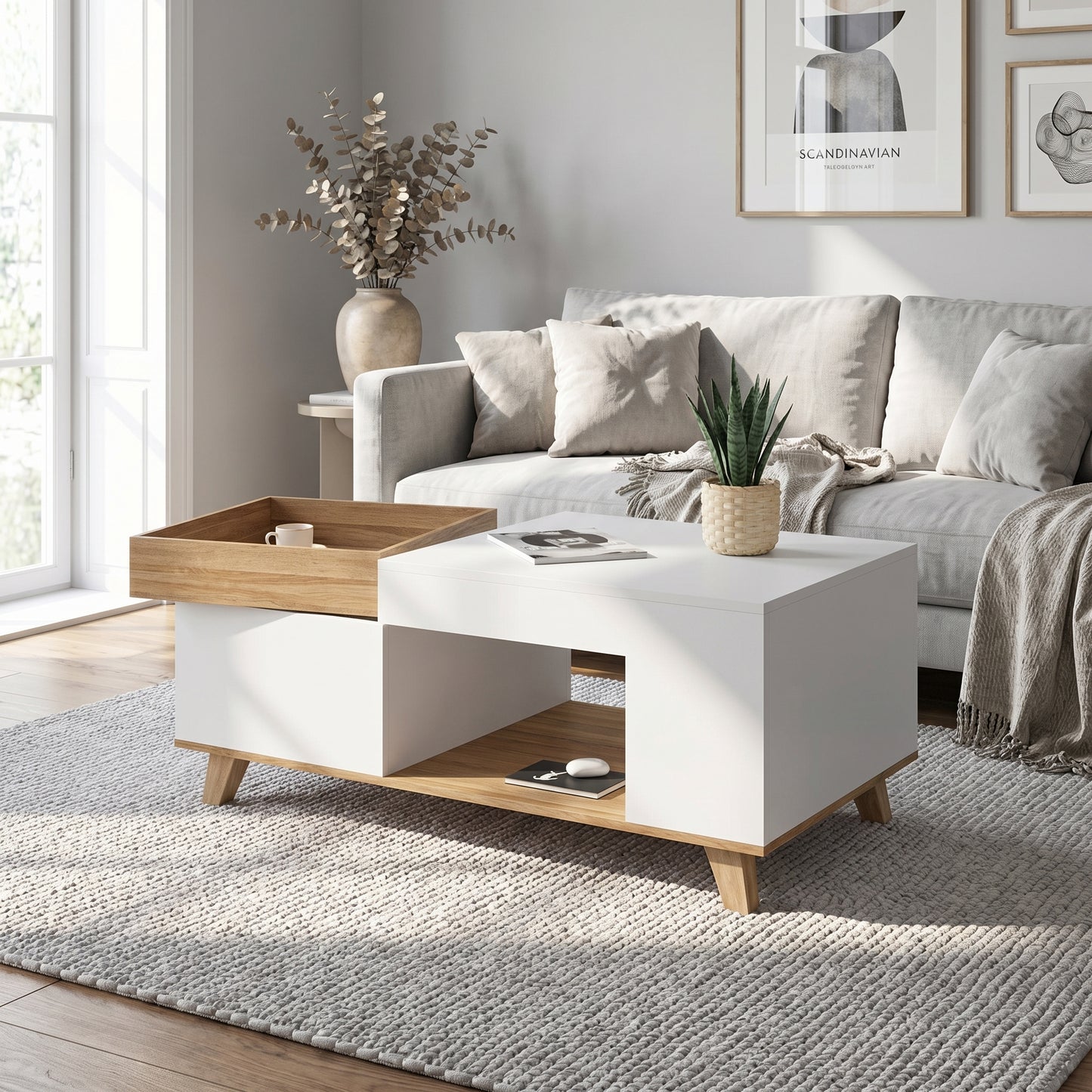 Table Basse Relevable Bois et Blanc avec Coffre – Plateau Amovible – 110 cm