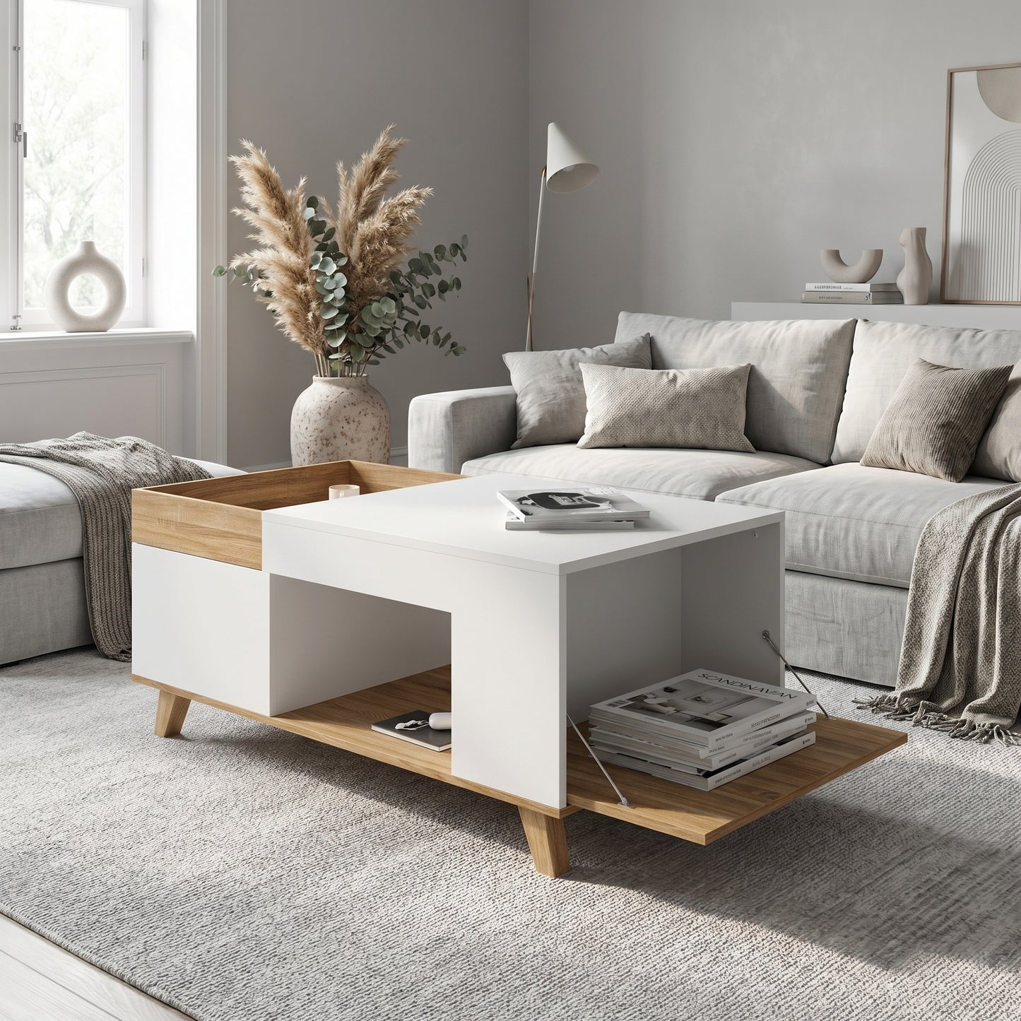 Table Basse Relevable Bois et Blanc avec Coffre – Plateau Amovible – 110 cm