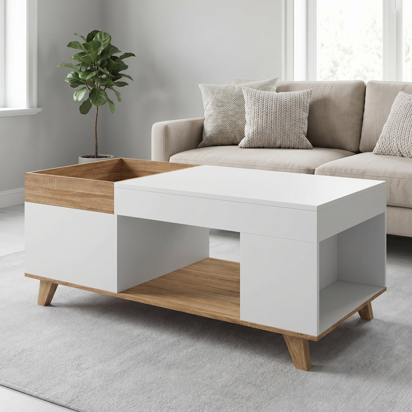 Table Basse Relevable Bois et Blanc avec Coffre – Plateau Amovible – 110 cm