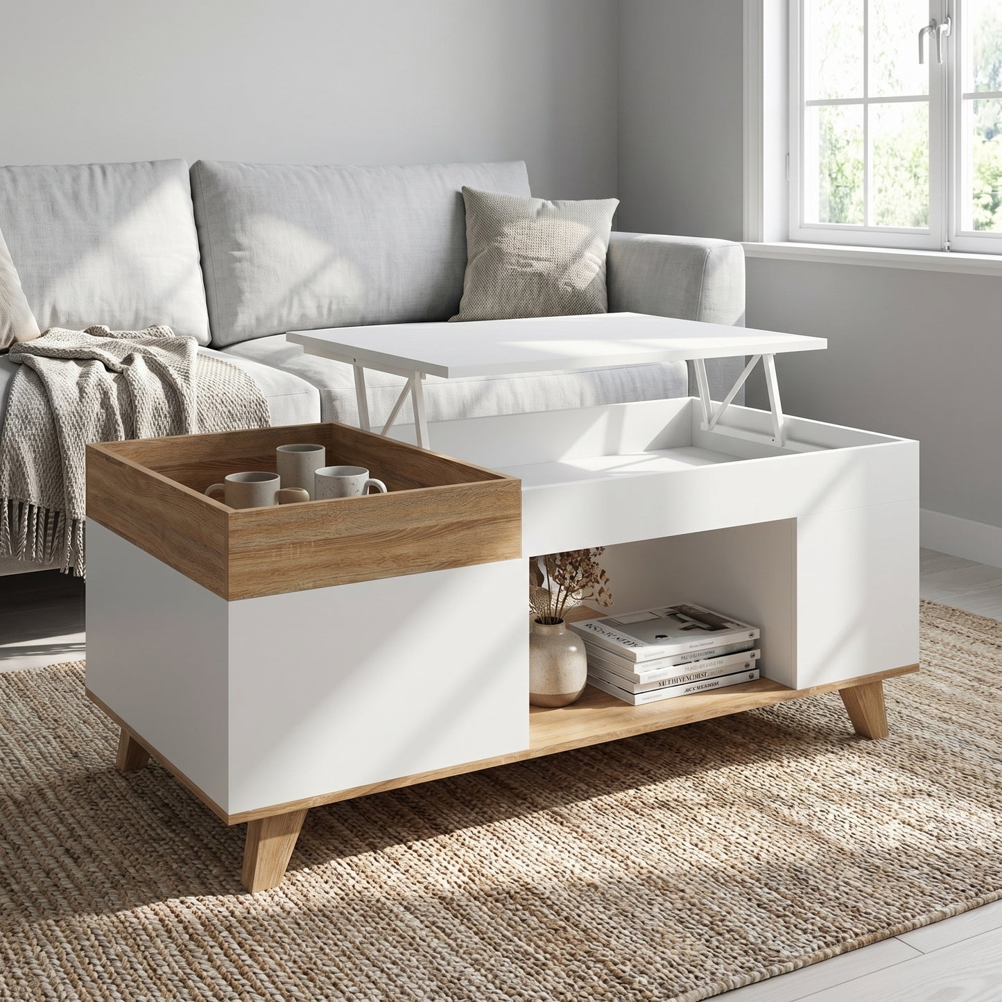 Table Basse Relevable Bois et Blanc avec Coffre – Plateau Amovible – 110 cm