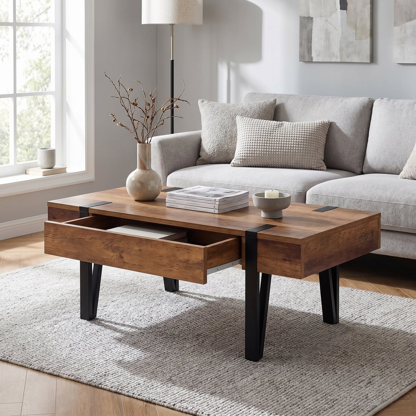 Table basse industrielle bois avec tiroir 100 cm – pieds épingle métal noir rangement