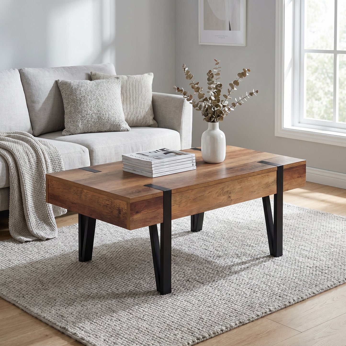 Table basse industrielle bois avec tiroir 100 cm – pieds épingle métal noir rangement