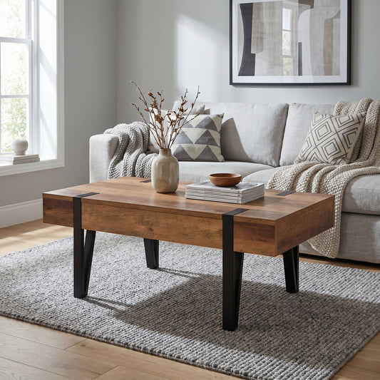 Table basse industrielle bois avec tiroir 100 cm – pieds épingle métal noir rangement