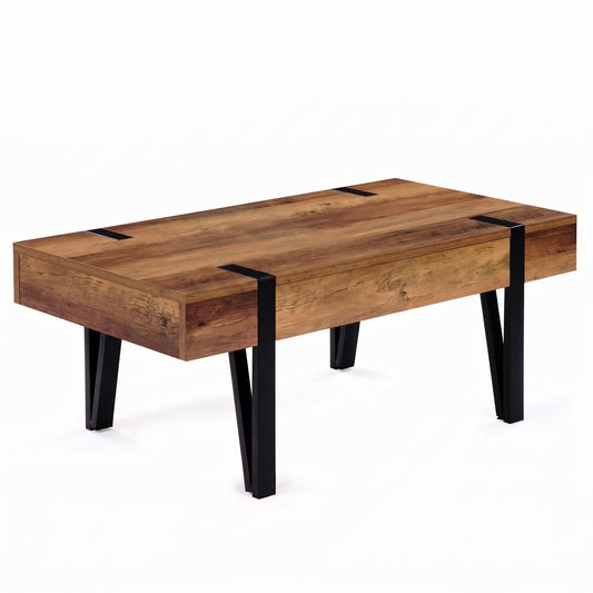 Table basse industrielle bois avec tiroir 100 cm – pieds épingle métal noir rangement