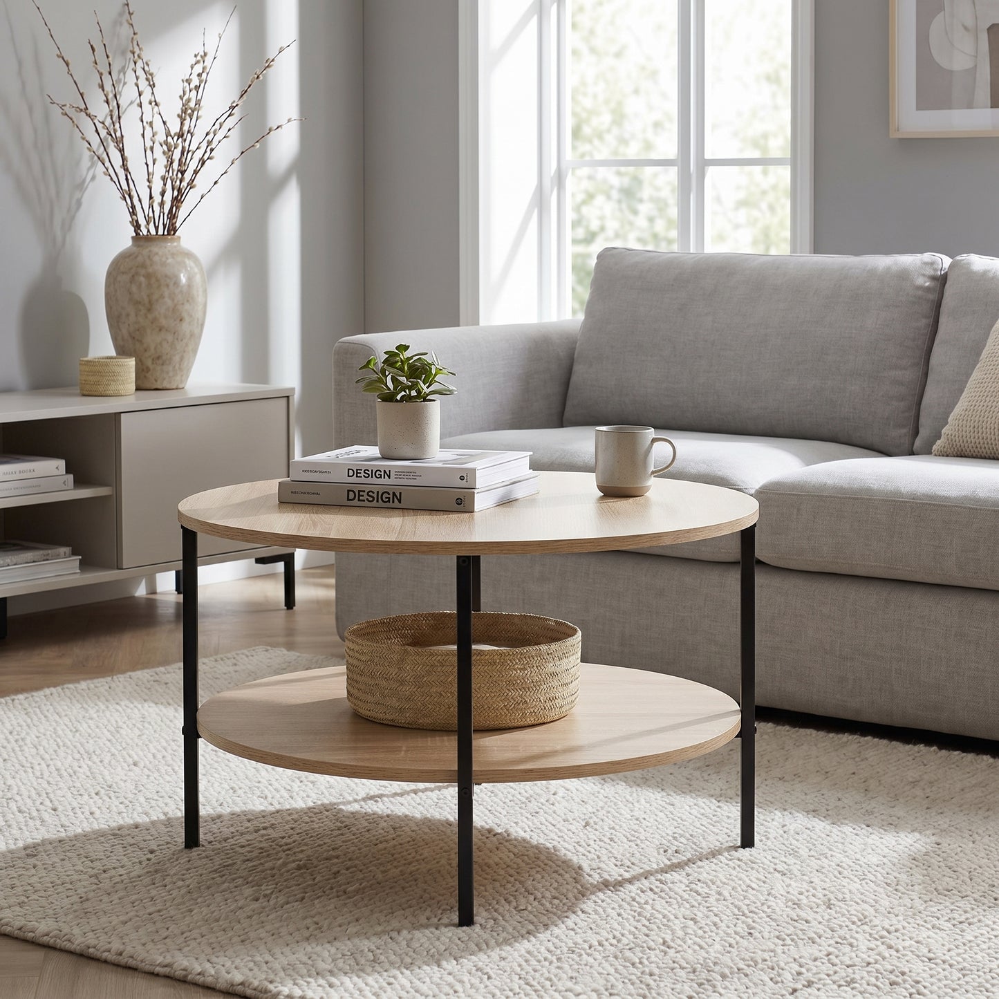 Table Basse Ronde Double Plateau 70 cm Bois et Métal Noir – Style Industriel