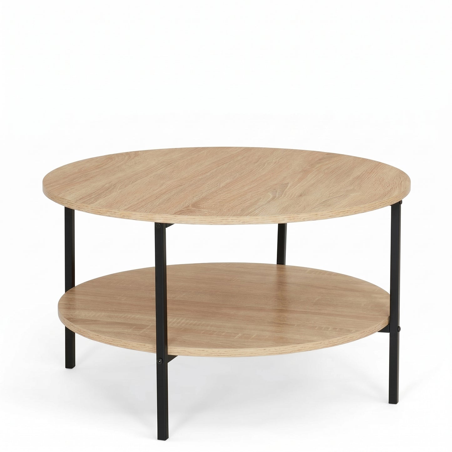 Table Basse Ronde Double Plateau 70 cm Bois et Métal Noir – Style Industriel