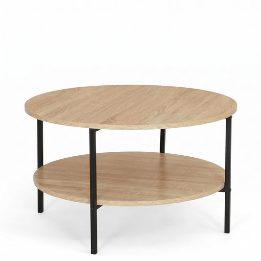Table Basse Ronde Double Plateau 70 cm Bois et Métal Noir – Style Industriel