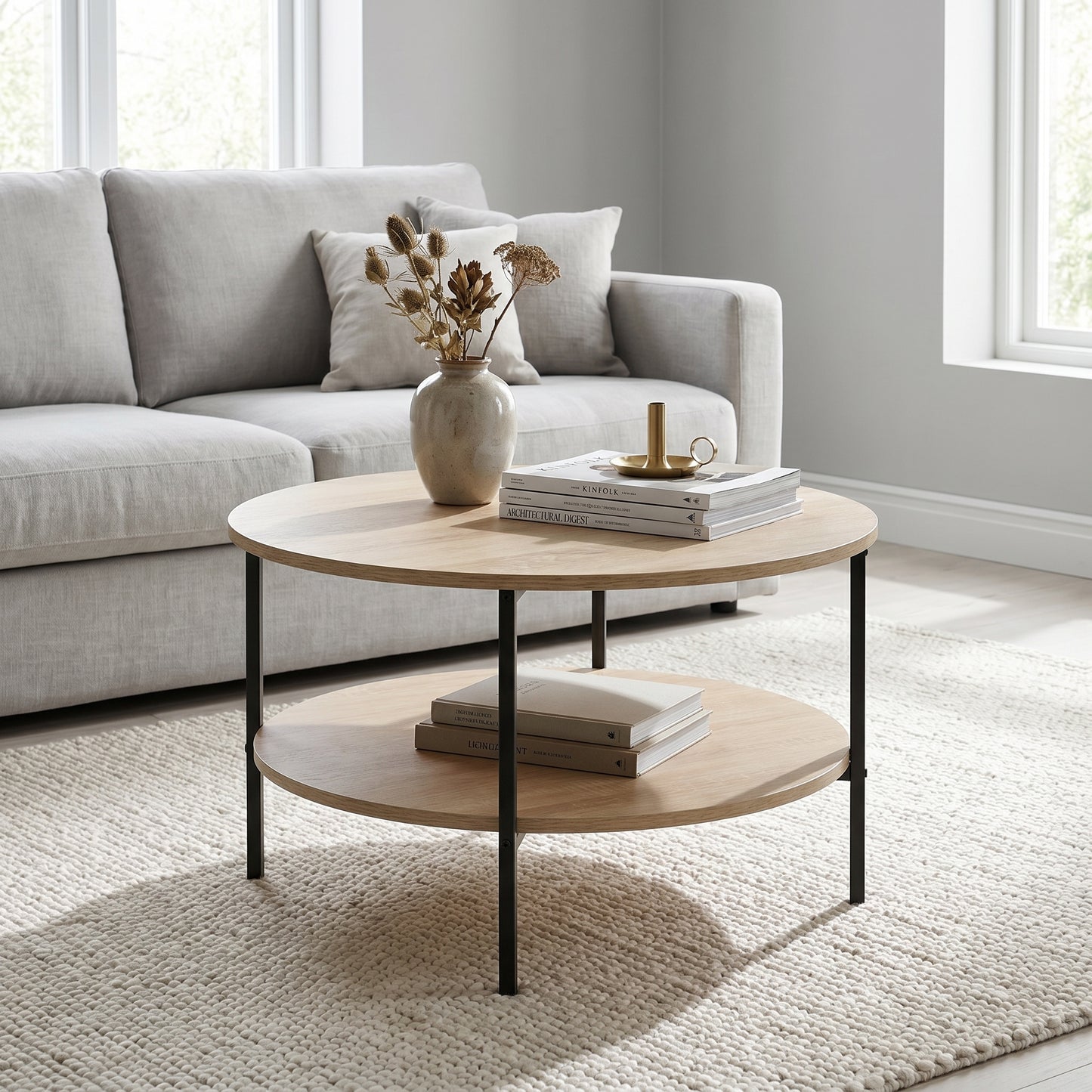 Table Basse Ronde Double Plateau 70 cm Bois et Métal Noir – Style Industriel
