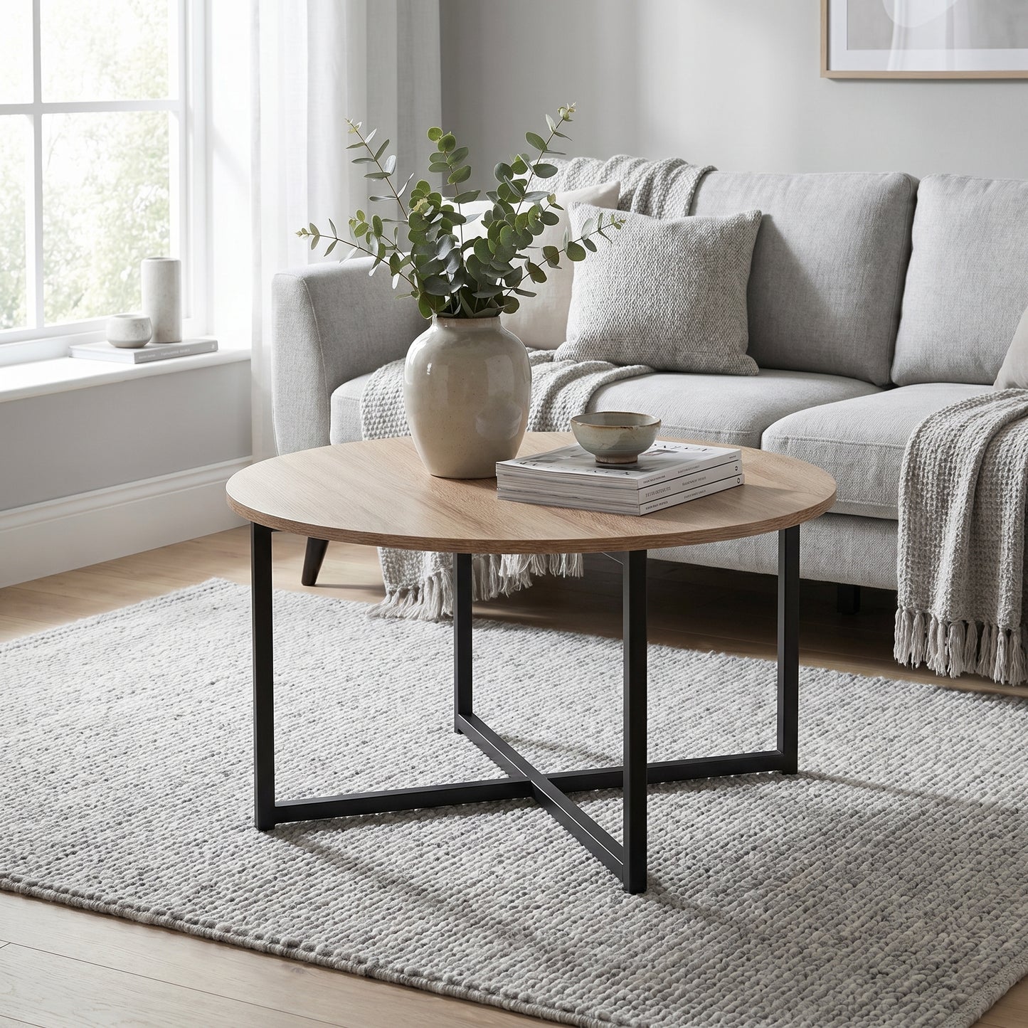 Table basse ronde industrielle 70 cm bois et métal noir – design moderne salon