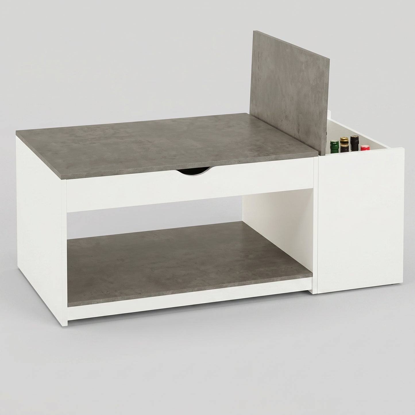 Table basse relevable avec rangement 110 cm bois blanc et effet béton – coffre intégré