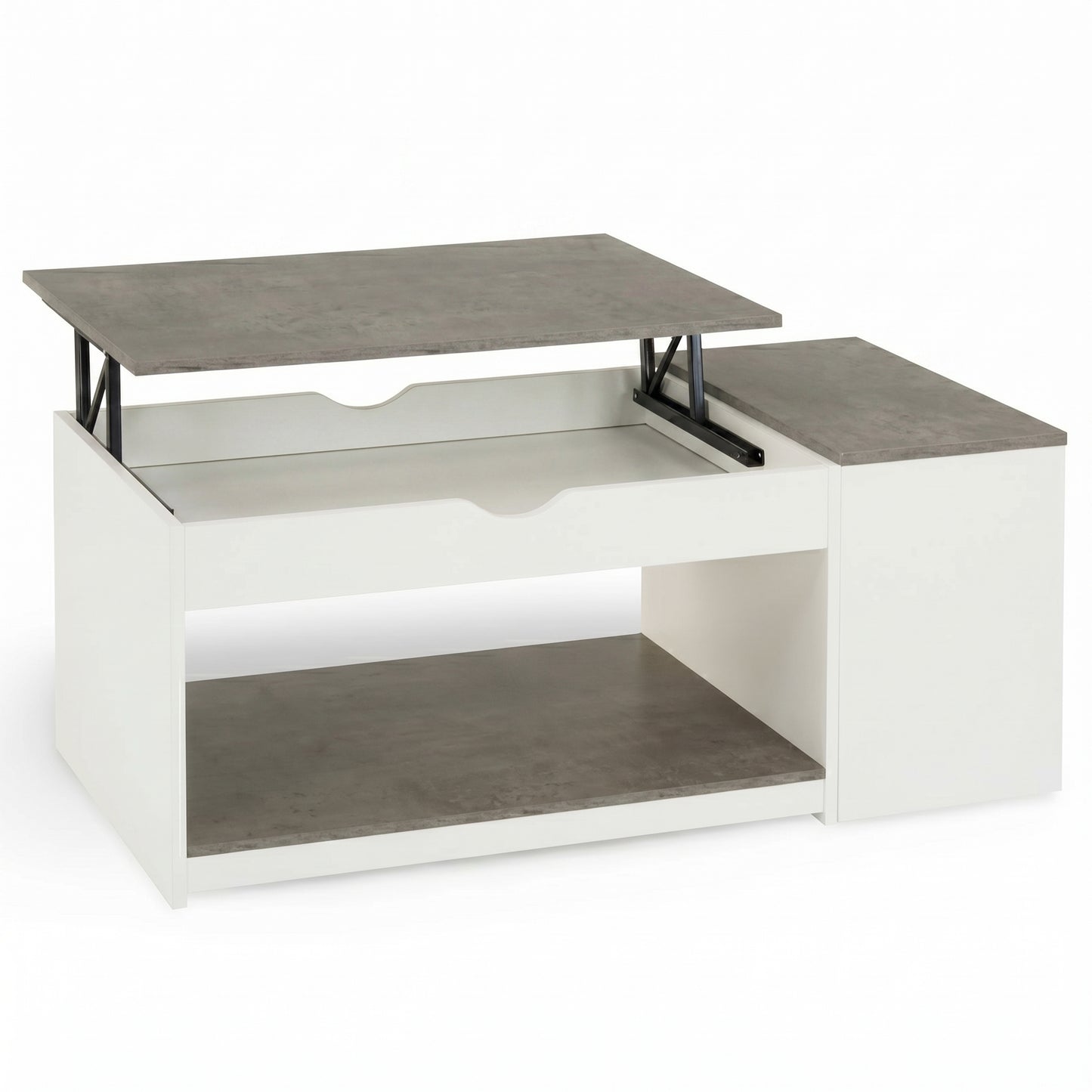 Table basse relevable avec rangement 110 cm bois blanc et effet béton – coffre intégré